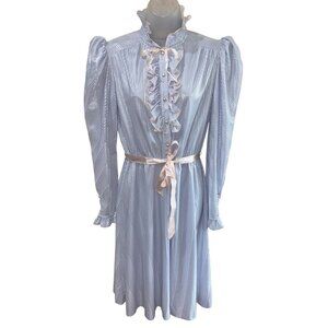 Vintage Jerri Gee New York Light Blue Ruffled Long Sleeve Dress W/ Pink Belt Siz